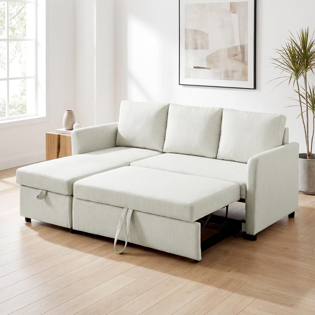 Corner Sofa Bed Linen Effect with Hidden Storage Compartment, 192x148x86 Cm, Cream White
