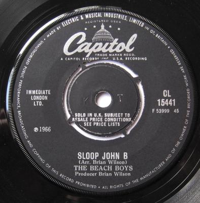Disque 7 pouces BEACH BOYS - Sloop John B CL15441 Capitol Records 1966 UK Rock Occasion