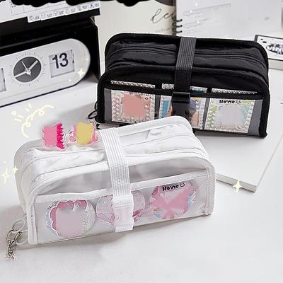 Black & White Pencil Bag Pen Case Transparent Front Belt Buckle Multi Pocket Storage Pouch