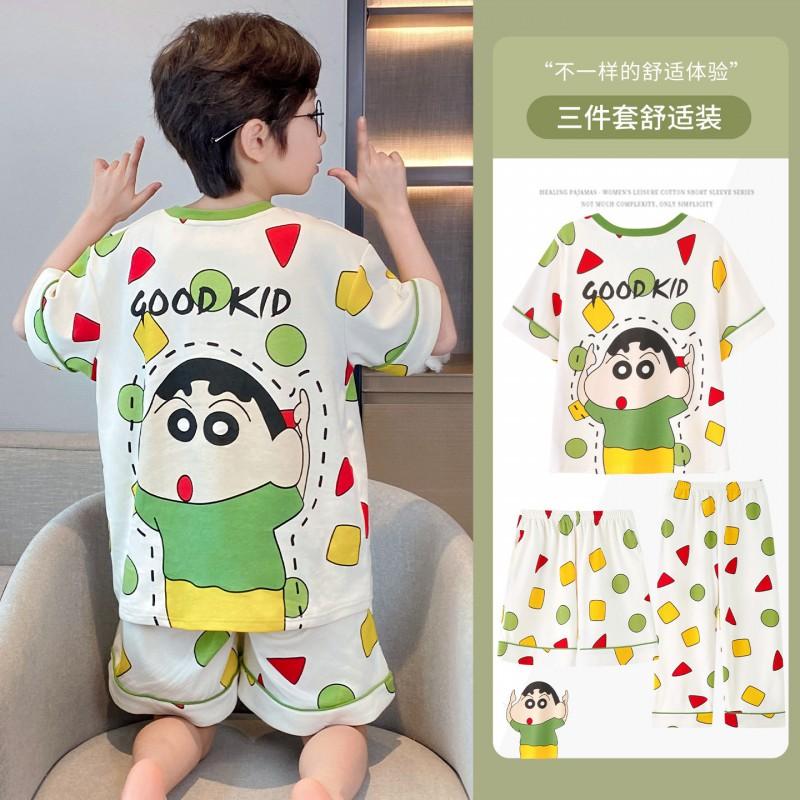 Cotton 3-Piece Pajama Set Boys Lightweight Short Sleeve Sleepwear Cartoon Print Home Wear Ages 8