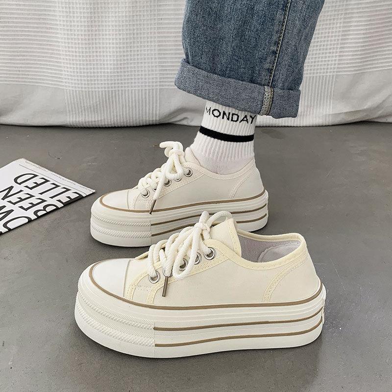 Cream platform canvas shoes women's thin autumn new ins trendy niche Korean version big head muffin student white shoes