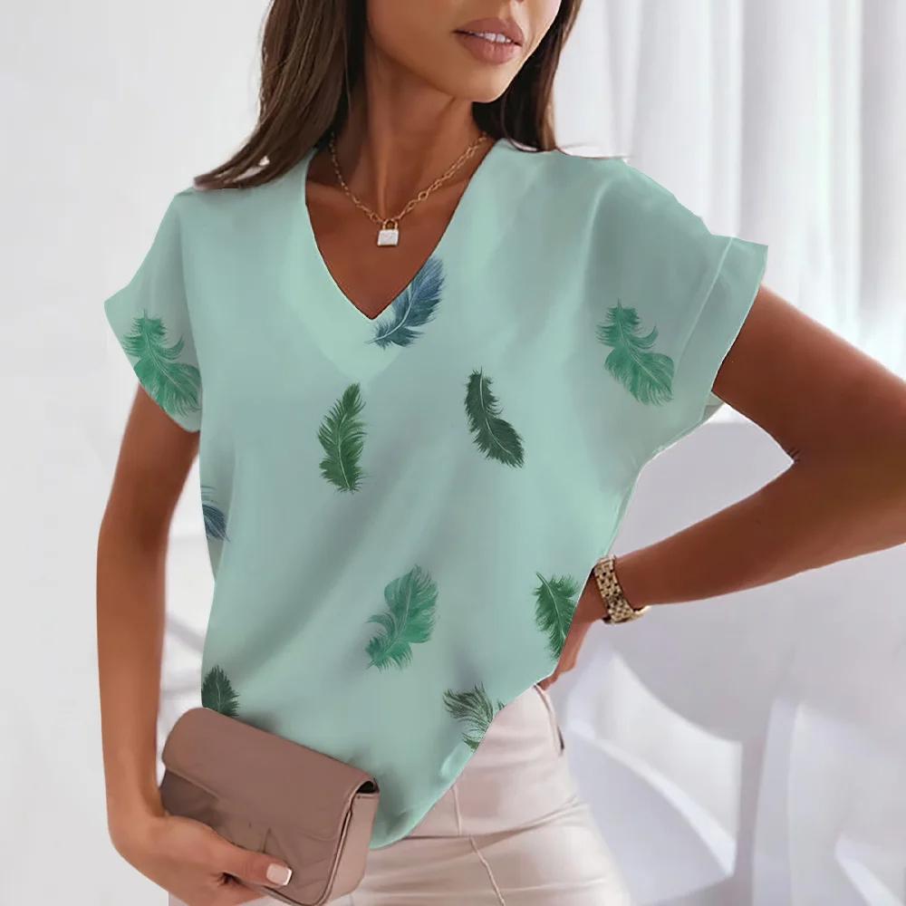Women's Plum Blossom 3D Printed Women's T-shirt Korean Popular Clothing Women's Clothing Short Sleeve Shirt V-neck