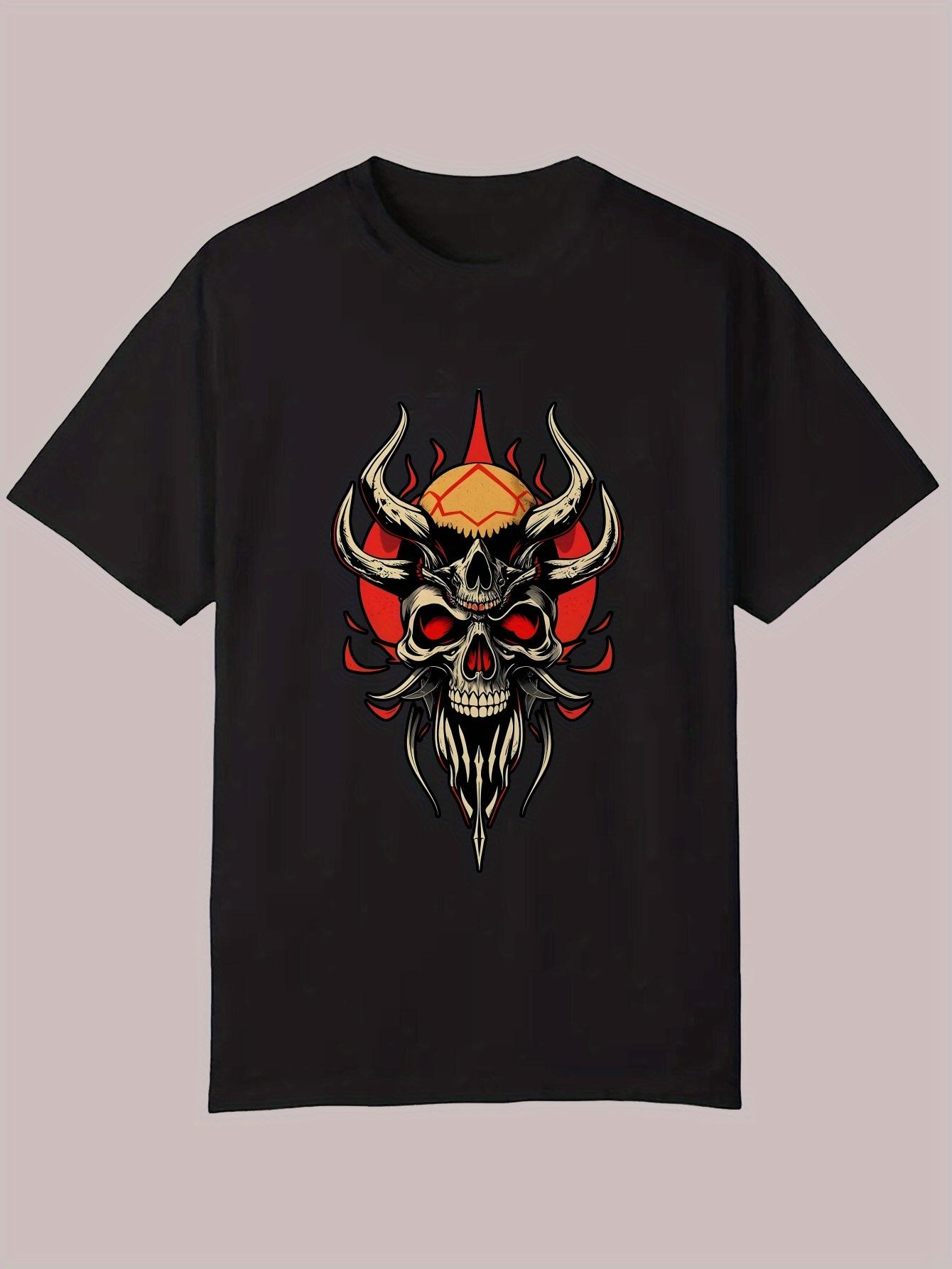 Graphic Print Casual T-shirt - Black Edgy Skull & Horns Design XXL