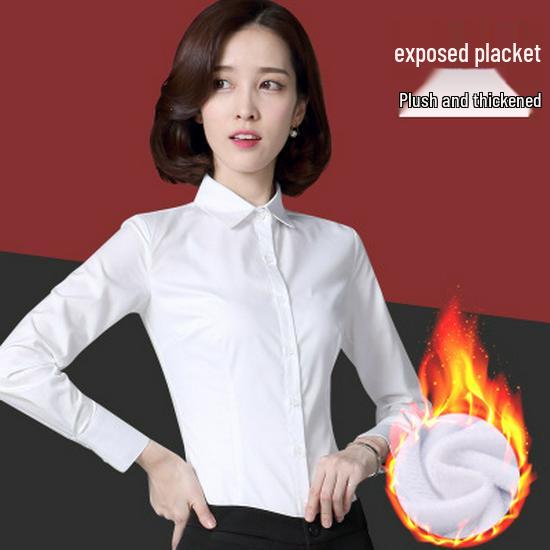 Women's Fleece-Lined Long-Sleeve Shirt: New Autumn/Winter Style, Thick & Warm Base Layer, Professional Formal Wear
