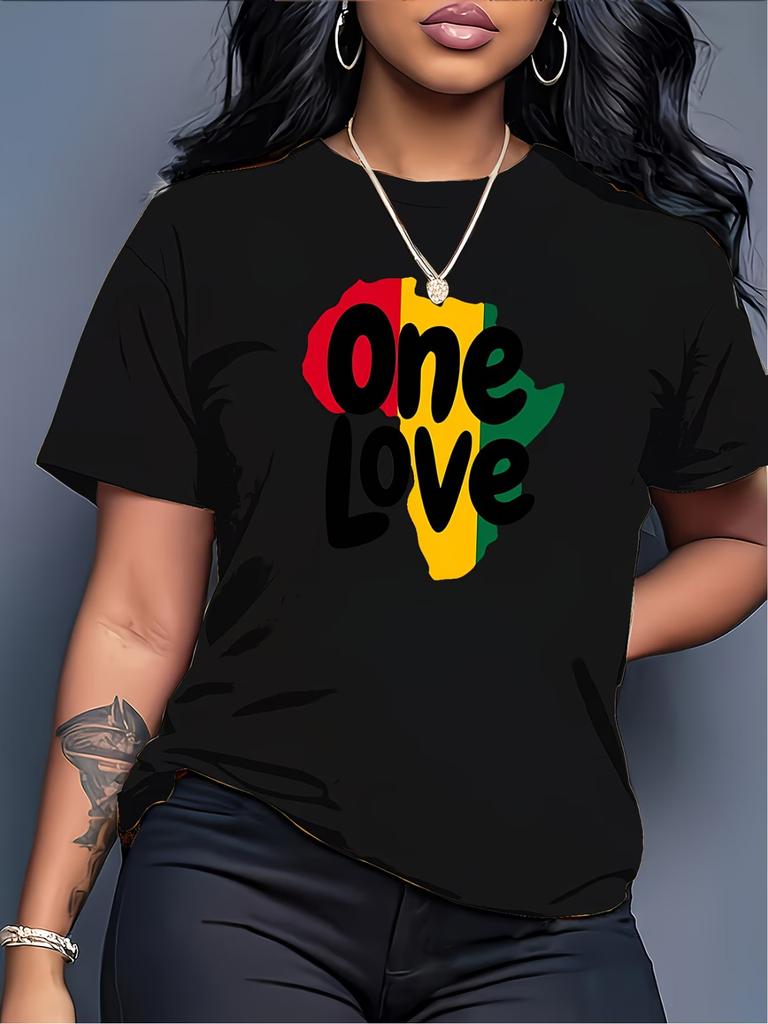 Casual Crew Neck T-Shirt with a Short Sleeve Featuring a Print of ONE LOVE