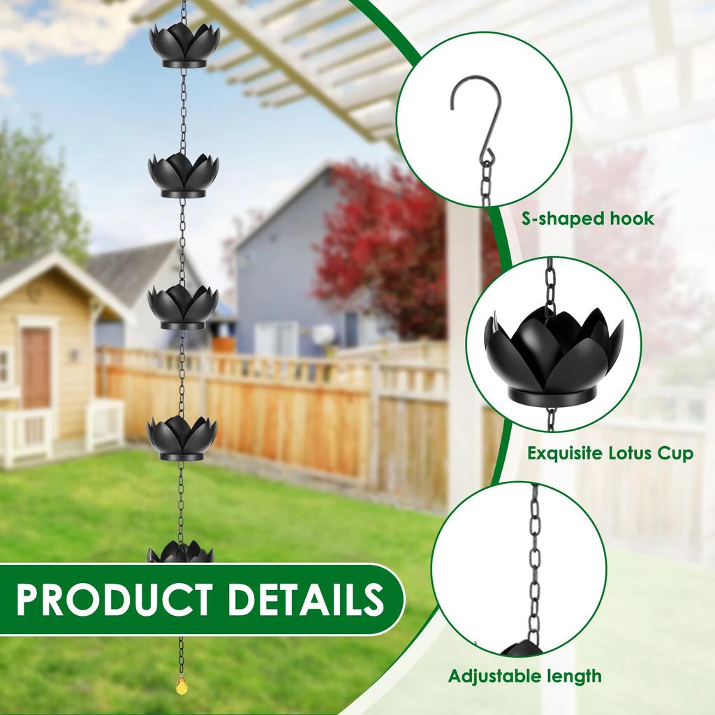 Rain Catcher Chain Metal Imitation Water Lily Rain Chain with Hook Adjustable Length Rain Chain Cup for Gutter Downspout Outdoor
