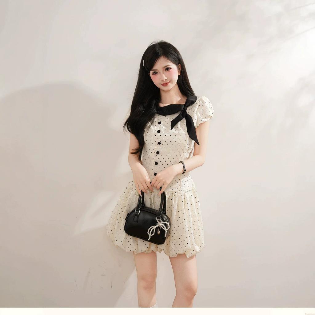 Thousand Gold Wind Bow Polka Dot Dress Women's Summer Retro Small Man Waist and Thin Temperament Fluffy Short Skirt