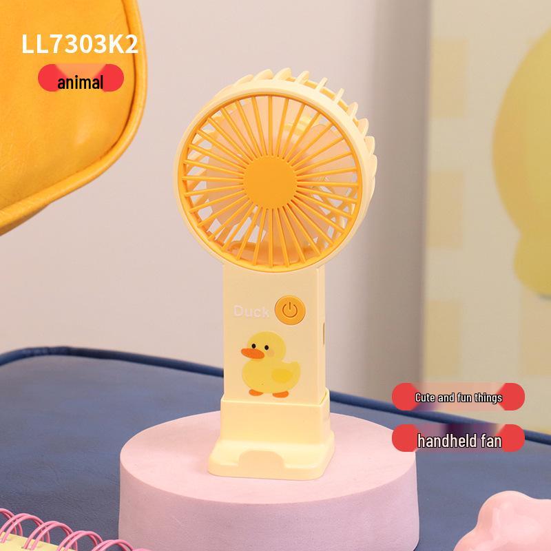 Creative Cute Cartoon Mini Handheld USB Fan with Three-Speed Adjustment & Phone Holder Color Box Packaging + USB Charging Cable