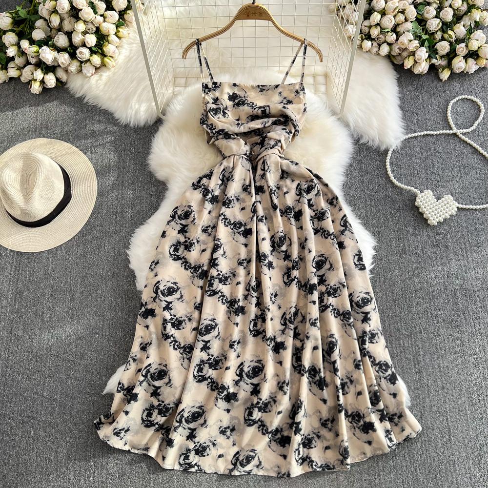 Beach Vacation Strapless Floral Camisole Dress  A Line Slim  Sleeveless Backless Dress for Summer