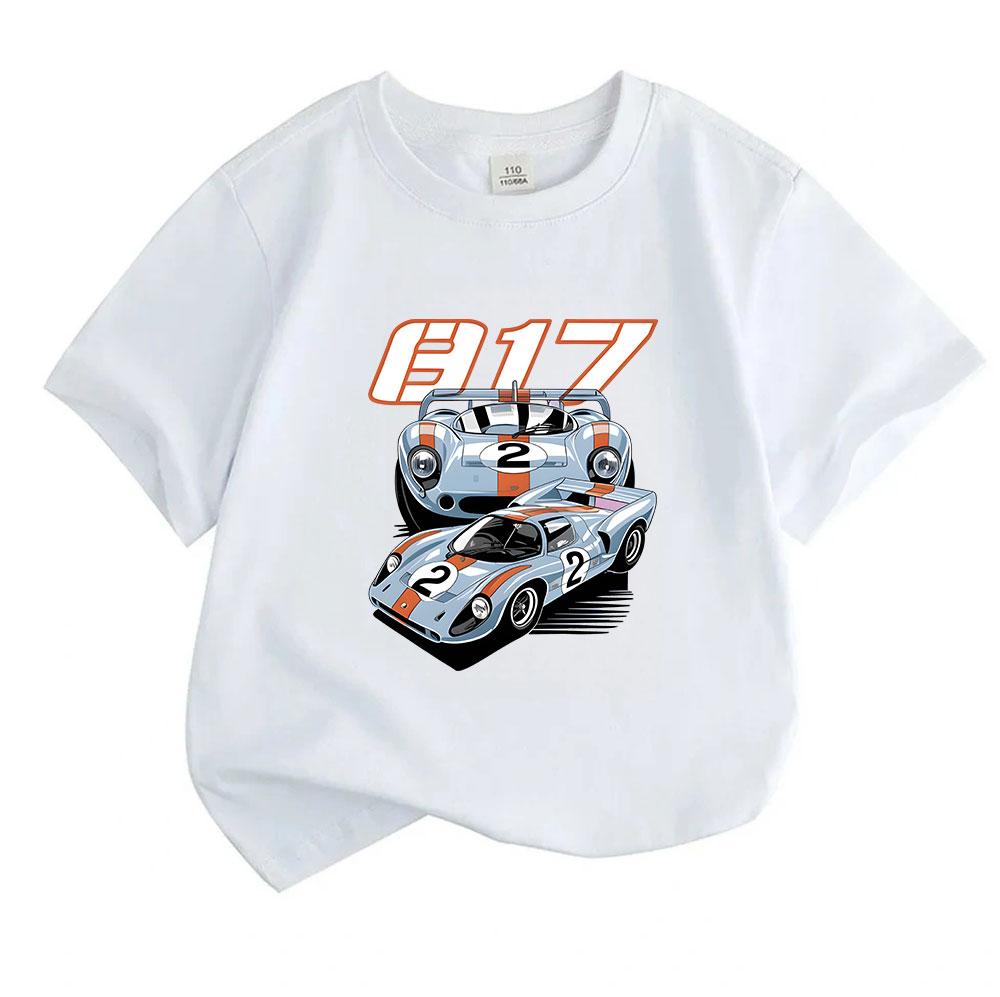 Kids Boys Girls Crew Neck Short Sleeve 100% Cotton T-Shirt, Classic Retro Racing Car 917 Pattern Print Casual Soft Tee for Children Daily Wear Street