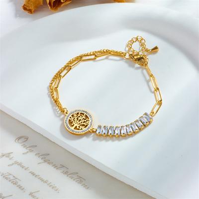 Vergoldetes Lebensbaum CZ Armband, Zierliche Paperclip Kette mit Baguette CZ, Luxuriöser Baum Anhänger Schmuck für Damen Geschenk