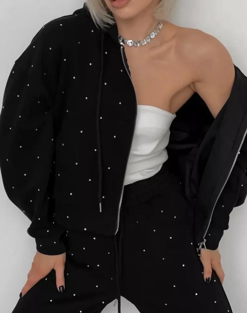 Damski dwuczęściowy dres o luźnym kroju Bluza z kapturem i długim rękawem Spodnie dresowe z wysokim stanem Zestaw ubrań Streetwear z cyrkoniami