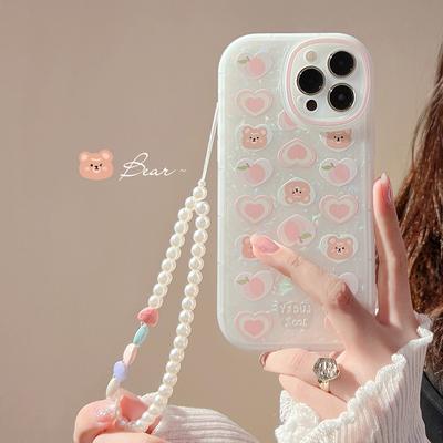 Cute Shell Peach Love Heart Bear Phone Case With Pearl Bracelet For Iphone14 13 12 11 Pro Xs Max X Xr 7 8 Plus Kawaii Cover