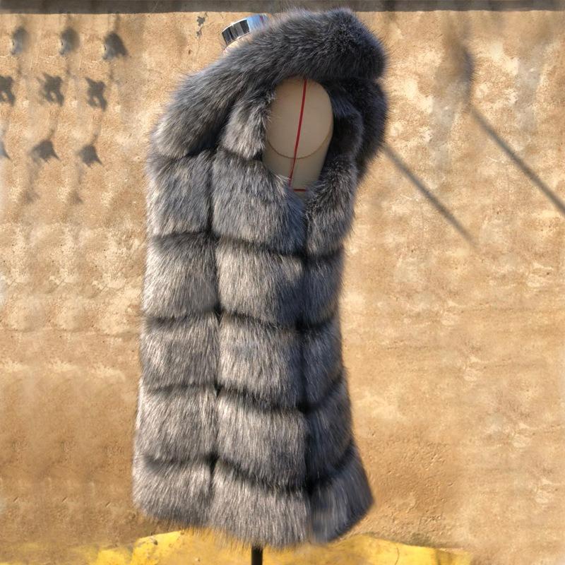 Haining fur autumn and winter hooded imitation fur vest women's medium and long fashion furry vest