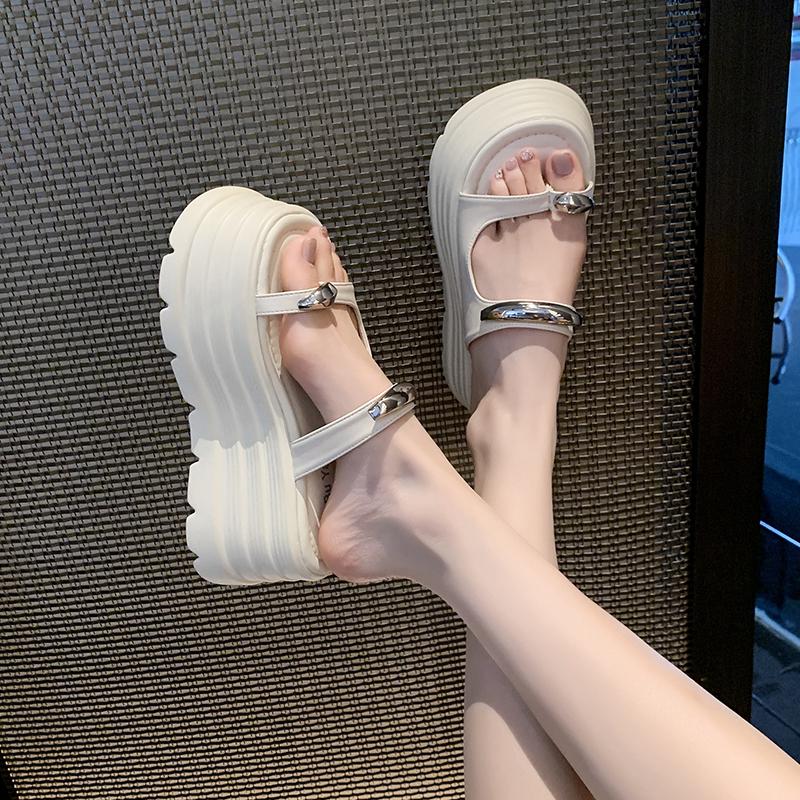 Fashion 2025 New Summer Platform Wedges Slippers 8CM Heels Peep Toe Sandals Ladies Beach Flats Shoes Women Moccasins Leather Flip Flops