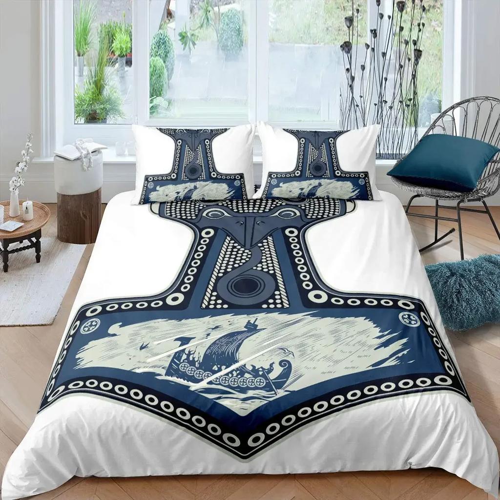 Viking Duvet Cover Set King/Queen Size Slate Blue Mjolnir Pattern Bedding Set Northern Germanic Culture Polyester Quilt Cover