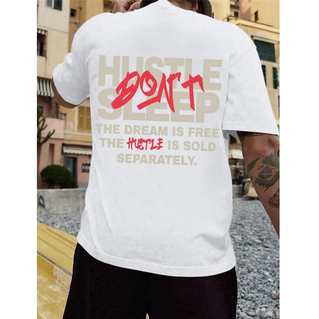 Men's "Hustle" Themed Motivational Quote Tee, Urban Streetwear Oversized Short Sleeve Top