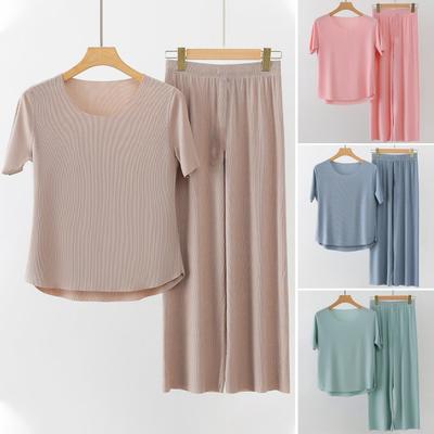 2 Teile/satz Frauen Pyjamas Nahtlose Eis Seide Rundhals Kurzarm Einfarbig Elastische Taille Breite Bein Lose Weiche Atmungsaktive Homewear top Hosen Set