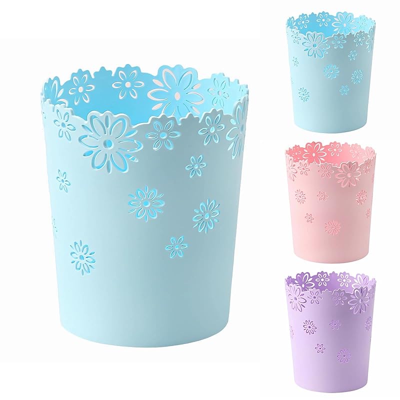 Mini Wastebasket 1.8 Gallons Small Pink Trash can Room Decor Hollow Flower Shape Plastic Lidless Round Garbage Container Bin for Bathroom, Kitchen,