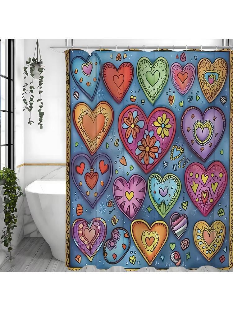 Cartoon Love Decorative Pattern Shower Curtain, Bathroom Decorative Shower Curtain, Waterproof Shower Curtain with Hooks W90xH180cm