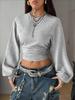 Damen Langarm Crop Top Hoher Hals Raffung Vorne Lässig Einfarbige Streetwear Pullover