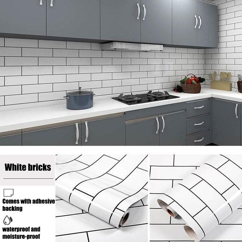 White Brick Adhesive Wall Wallpaper Waterproof and Oil Resistant Kitchen Cabinets Wallpaper High Temperature Resistance 40cm