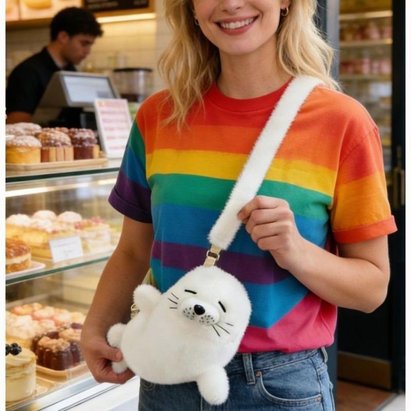 Thickened Cute Seal Shoulder Pouch Adorable Soft Cartoon Seal Handbag Lightweight Adjustable Straps Crossbody Bag Gifts Purse