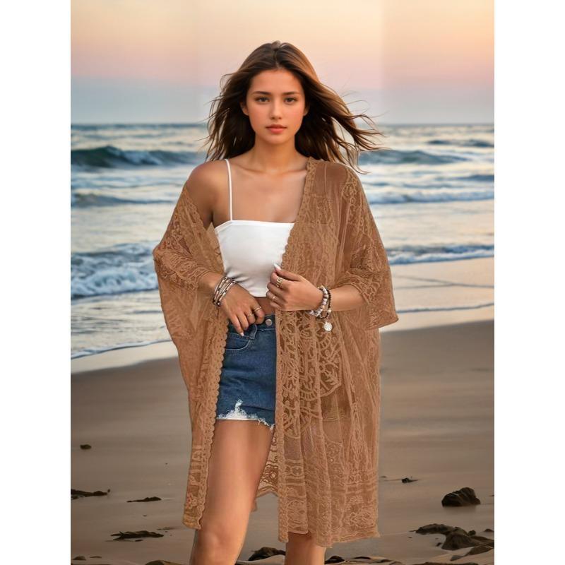

Плюс Размер Женский Сексуальный Прозрачный Кружевной Вышитый Кардиган Пляжный Бикини Солнцезащитный Халатик One size коричневый