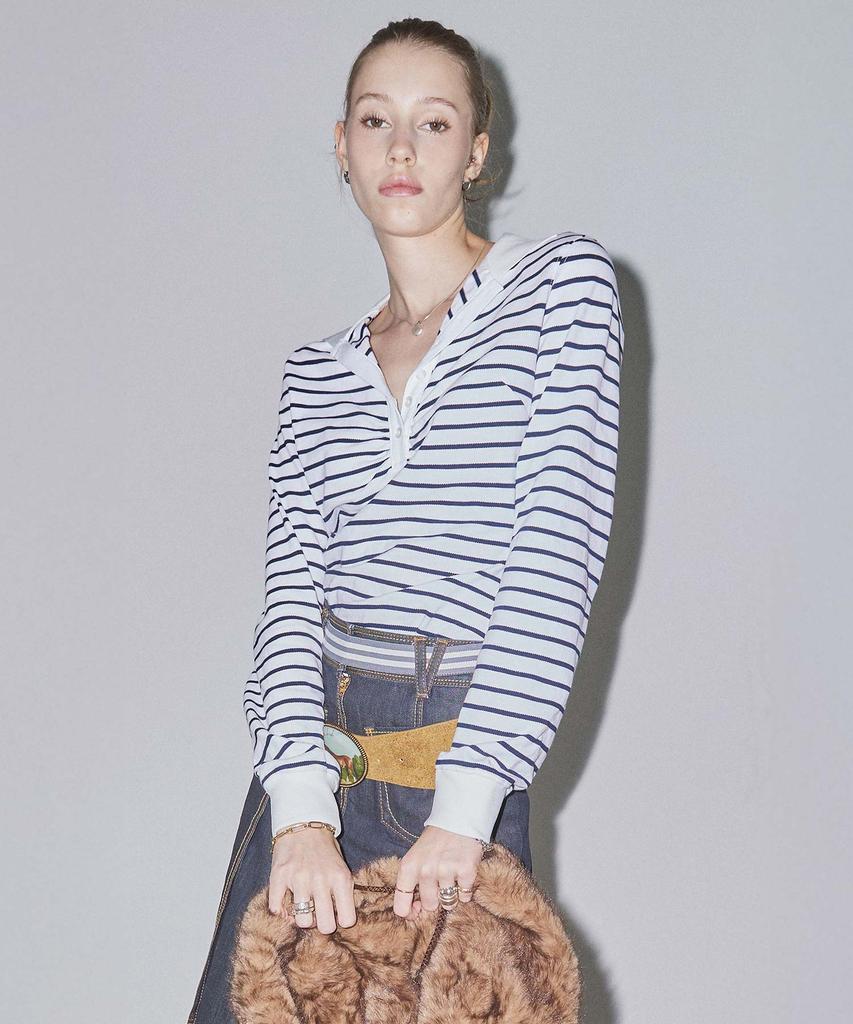 SCULPTOR Shirring Tennis Shirt White/Navy Stripe