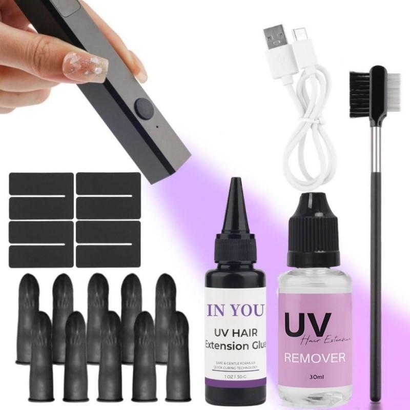 

Набор для волос с УФ-лампой 10 секунд: УФ-лампа + 30 г клея и инструменты, Быстрое невидимое склеивание, Салонный и DIY полный набор A set