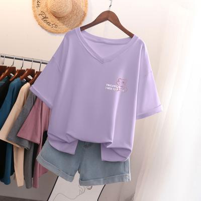 Short-sleeved T-shirt for Women, Large Size, Loose and Slimming, Printed V-neck Top