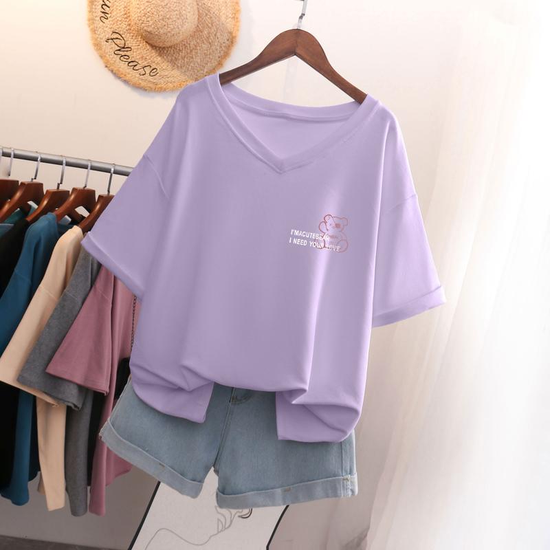 

Short-sleeved T-shirt for Women, Large Size, Loose and Slimming, Printed V-neck Top 5XL фіолетовий