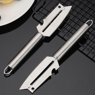 Schäler mit vier Verwendungsmöglichkeiten, multifunktionaler Obstmesser aus Edelstahl, Schäler, Fischschuppen, Schaber, Flaschenöffner, 4-in-1-Küchenhelfer