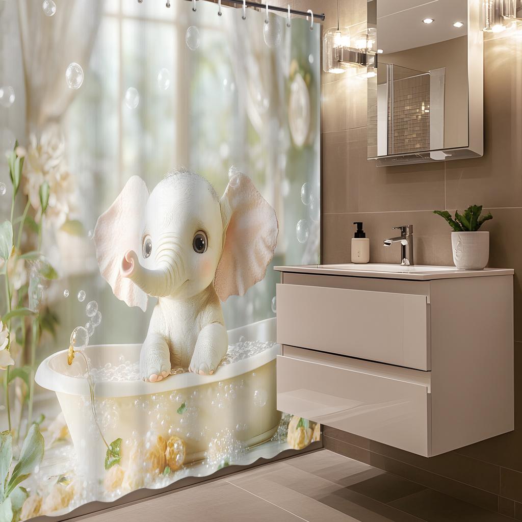 Cartoon Happy Elephant & Flower Shower Curtain, 12 Hooks, Green Plant Bath Decor for Kids or Family Bathroom