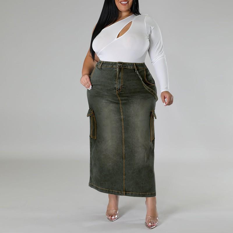Plus Size Denim Skirt Women With Side Slit Adjustable Strap Midi Long Casual Korean Style