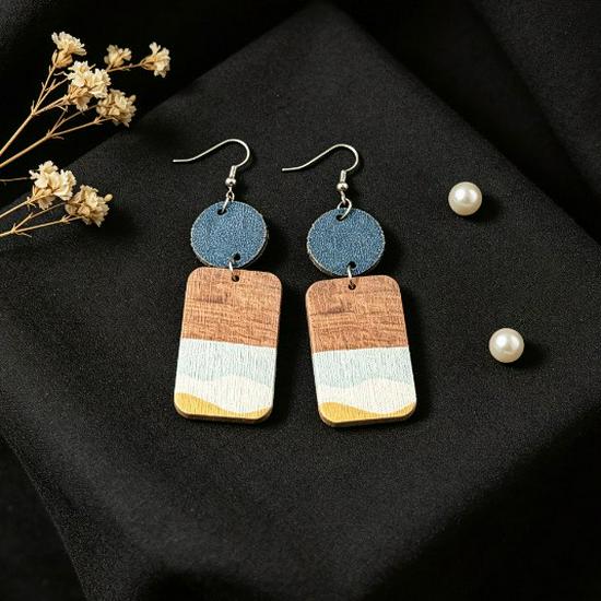 Retro Sunrise Geometric Wood Grain Earrings