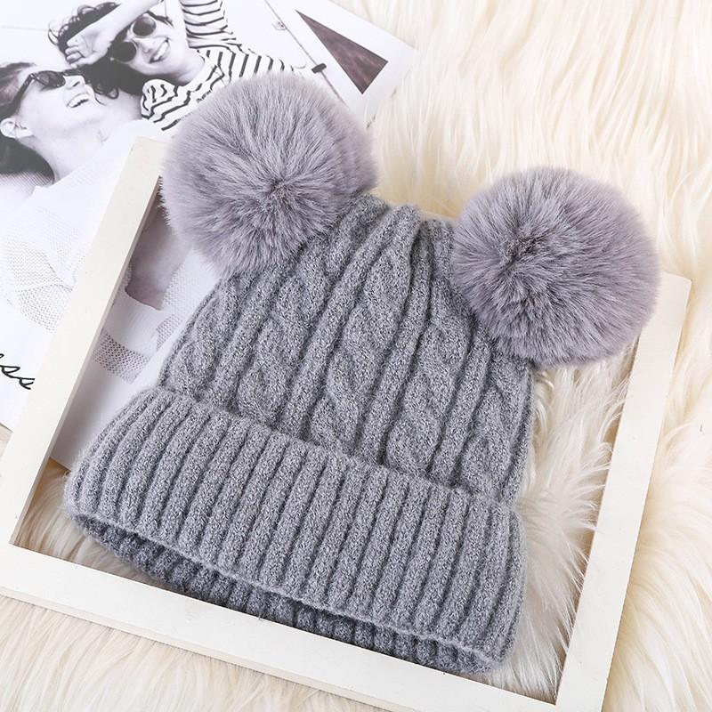 Knitted Hat Children Winter Adult Thickened Plush Double Hairball Pullover Hat Warm Cute Wool Hat Men
