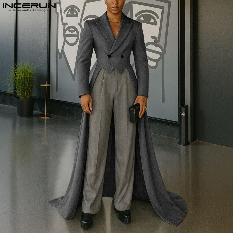 INCERUN Men Peak Lapel Solid Color High Low Irregular Splits Maxi Blazer Coats