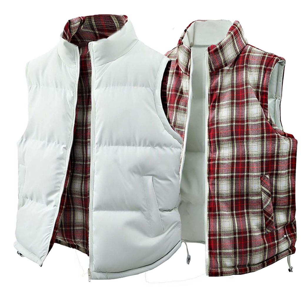 Men's And Women's -color Casual Double-sided Stand-up Collar Vest, Men's Loose Checkered Printed Warm Vest