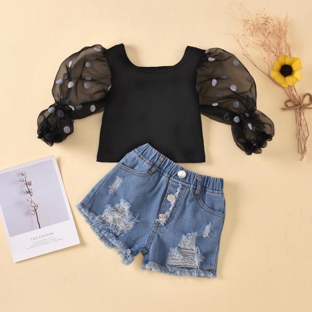 Toddler Baby Kids Girls Puff Sleeve Polka Dot Tops  Ripped Jean Shorts Outfits