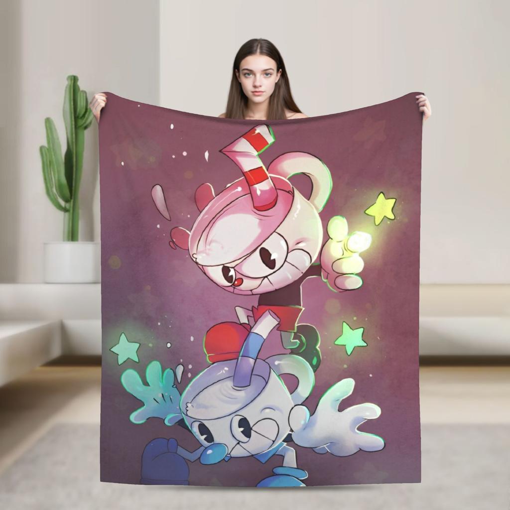 Cupheads And Mugman Blankets Flannel Game Lightweight Thin Throw Blankets for Bed Bedroom Quilt