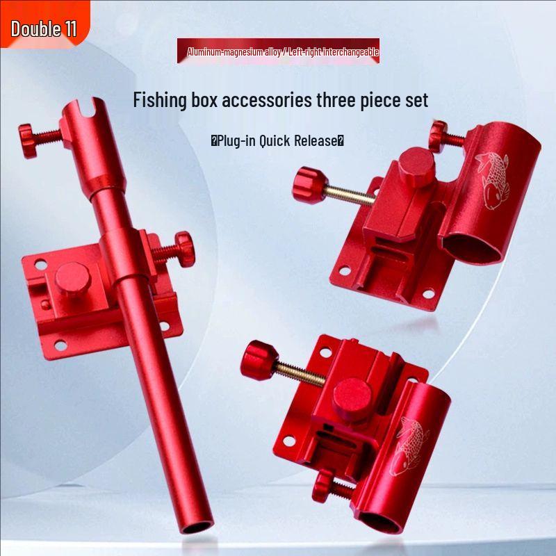 Kompletny aluminiowy zestaw pudełek na sprzęt wędkarski: Uchwyt na wędkę lewy, Pojemnik na ryby i Taca na przynęty