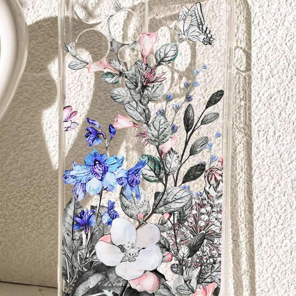 Drop-Proof Transparent Blue-Purple Flower Case for iPhone 14/15/16/17 Pro Max