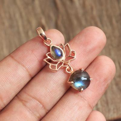 Ciondolo di loto da donna fatto a mano in argento sterling 100% 925 con pietra preziosa labradorite placcato oro rosa