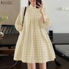 ZANZEA Women Casual Stand Collar 3/4 Sleeve Grid Print A-line Dress
