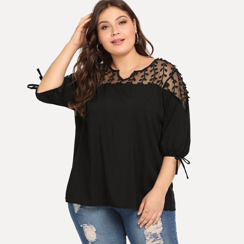 

Lantern Sleeve Tie Lace Sheer Shirt Top Lantern Sleeve Self-Tie Lace Shirt Black XXXL