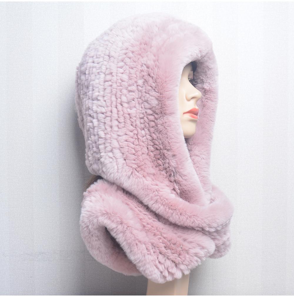 Hot Sale New Women Real Knitted Rex Rabbit Fur Hat Hooded Scarf Long Winter Warm Fur Hat With Neck Collar Scarves Hat Scarf