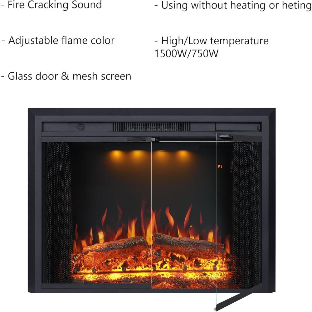 Valuxhome 35.63” W 27.5 H Electric Fireplace Insert with Low/High Temperature Settings, Movable Mesh Screen and Glass Door, 1-9H