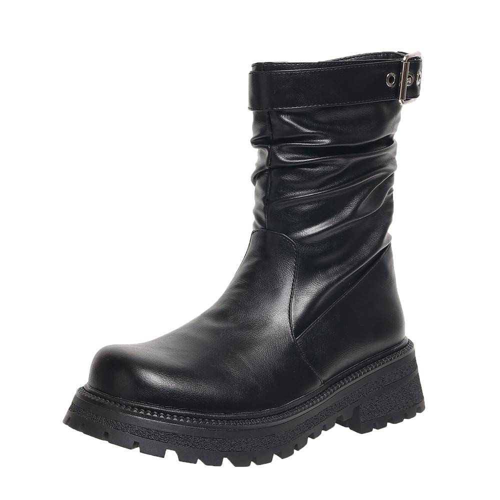 

Fashion Women s Platform Chelsea Boots PU Leather New Autumn Winter Fashion Ankle Boots Retro Pleated Marton Boots Ladies Zapatos Mujer 34 чёрный