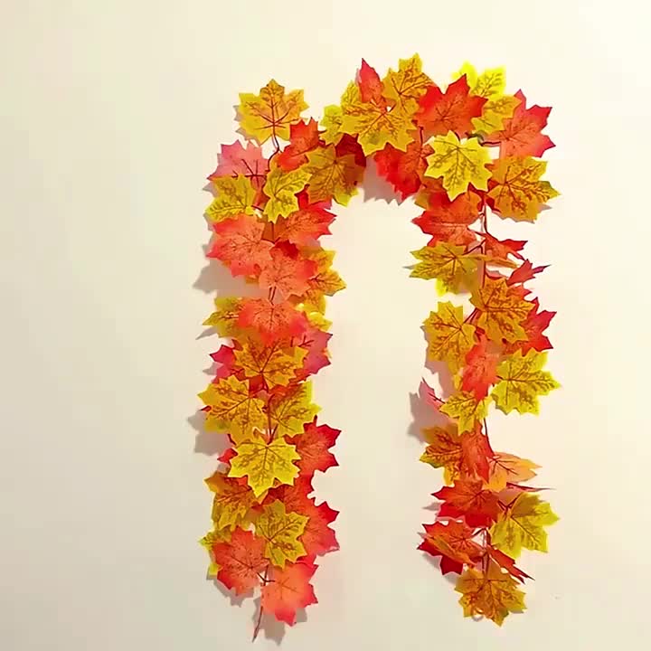 1PC Extra Long 78.74 Faux Maple Leaf Wreath - Realistic Fall Shades Red, Orange & Yellow Green | Heavy Duty Plastic Branches Vines